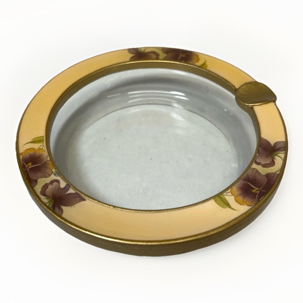 Vintage Art Deco Enameled Brass and Glass Ashtray Yellow w/ Flowers Pansies - Picture 1 of 6